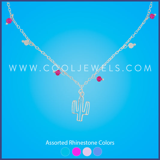 CHAIN NECKLACE WITH CACTUS PENDANT & CRYSTAL BEADS