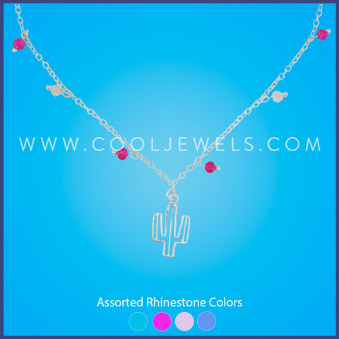 CHAIN NECKLACE WITH CACTUS PENDANT & CRYSTAL BEADS