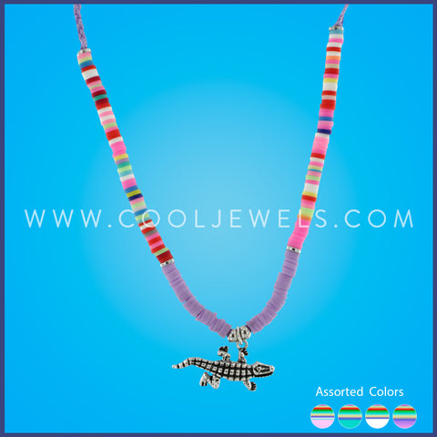 BRAIDED SLIDER CORD NECKLACE WITH SOLID & MULTICOLOR FIMO WITH GATOR PENDANT - ASSORTED