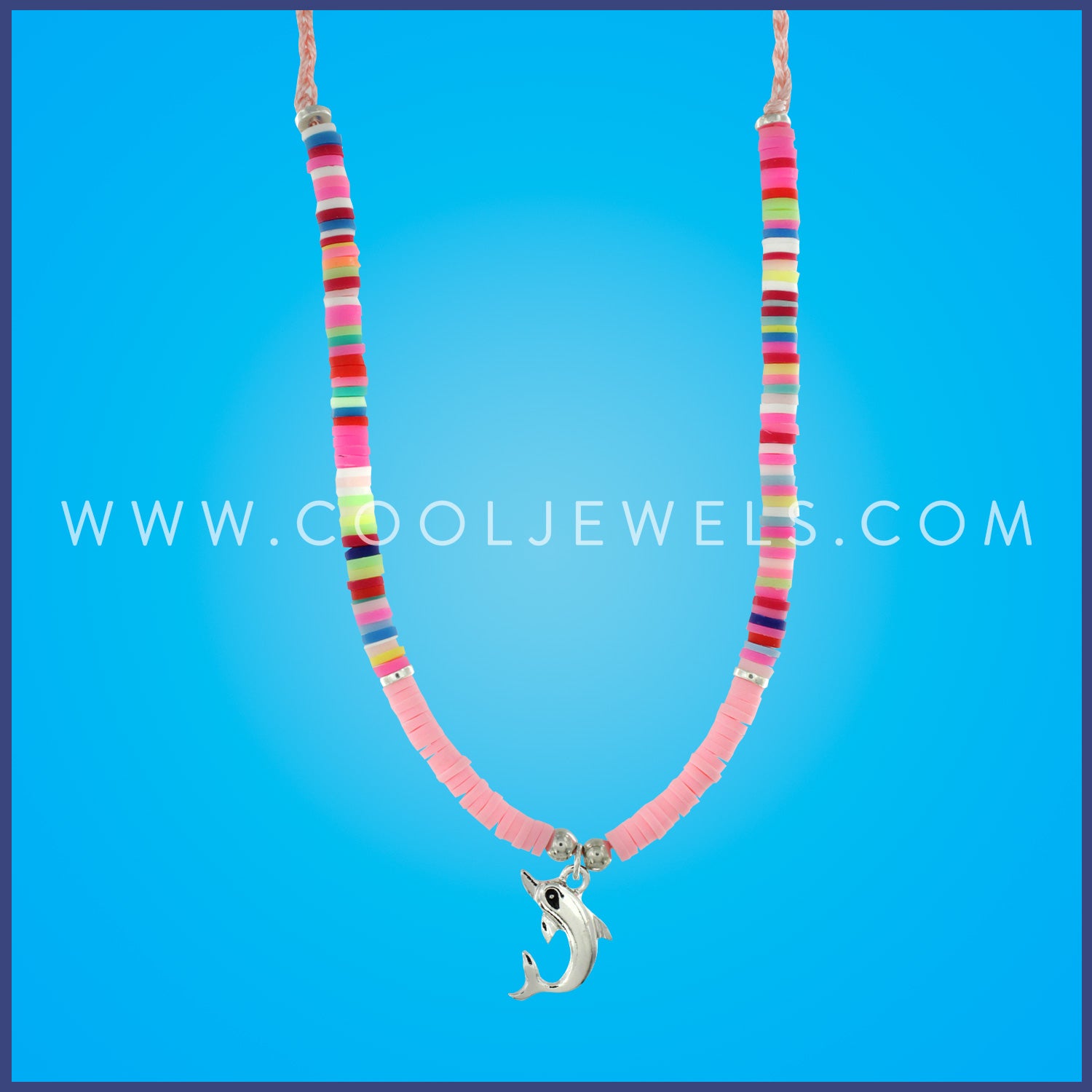 BRAIDED SLIDER CORD NECKLACE WITH SOLID & MULTICOLOR FIMO WITH DOLPHIN PENDANT - ASSORTED
