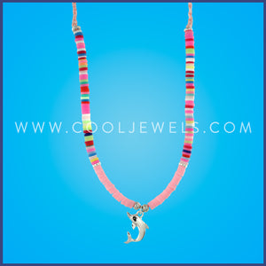 BRAIDED SLIDER CORD NECKLACE WITH SOLID & MULTICOLOR FIMO WITH DOLPHIN PENDANT - ASSORTED