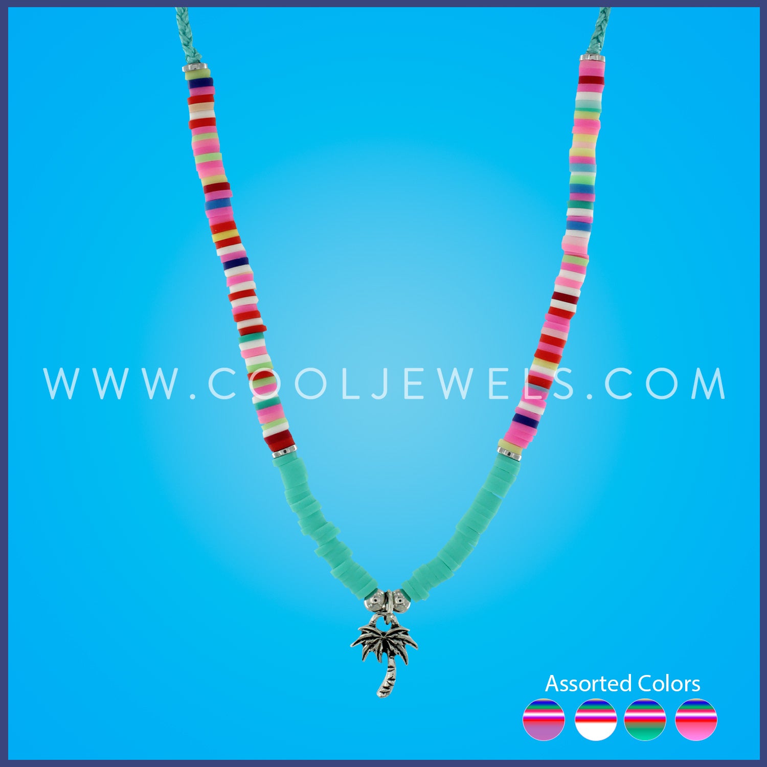 BRAIDED SLIDER CORD NECKLACE WITH SOLID & MULTICOLOR FIMO WITH PALM TREE PENDANT - ASSORTED
