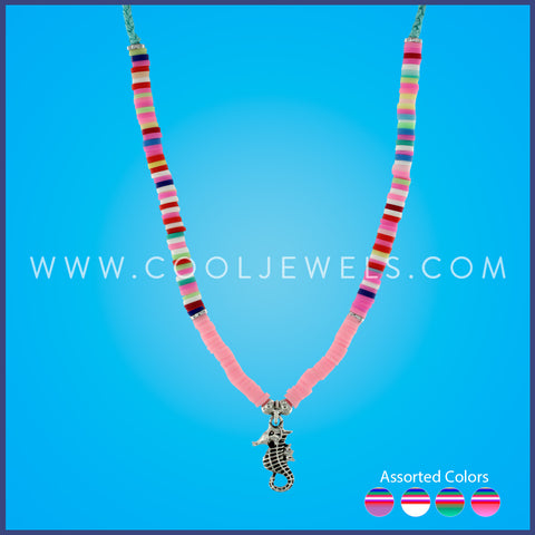 BRAIDED SLIDER CORD NECKLACE WITH SOLID & MULTICOLOR FIMO WITH SEAHORSE PENDANT - ASSORTED