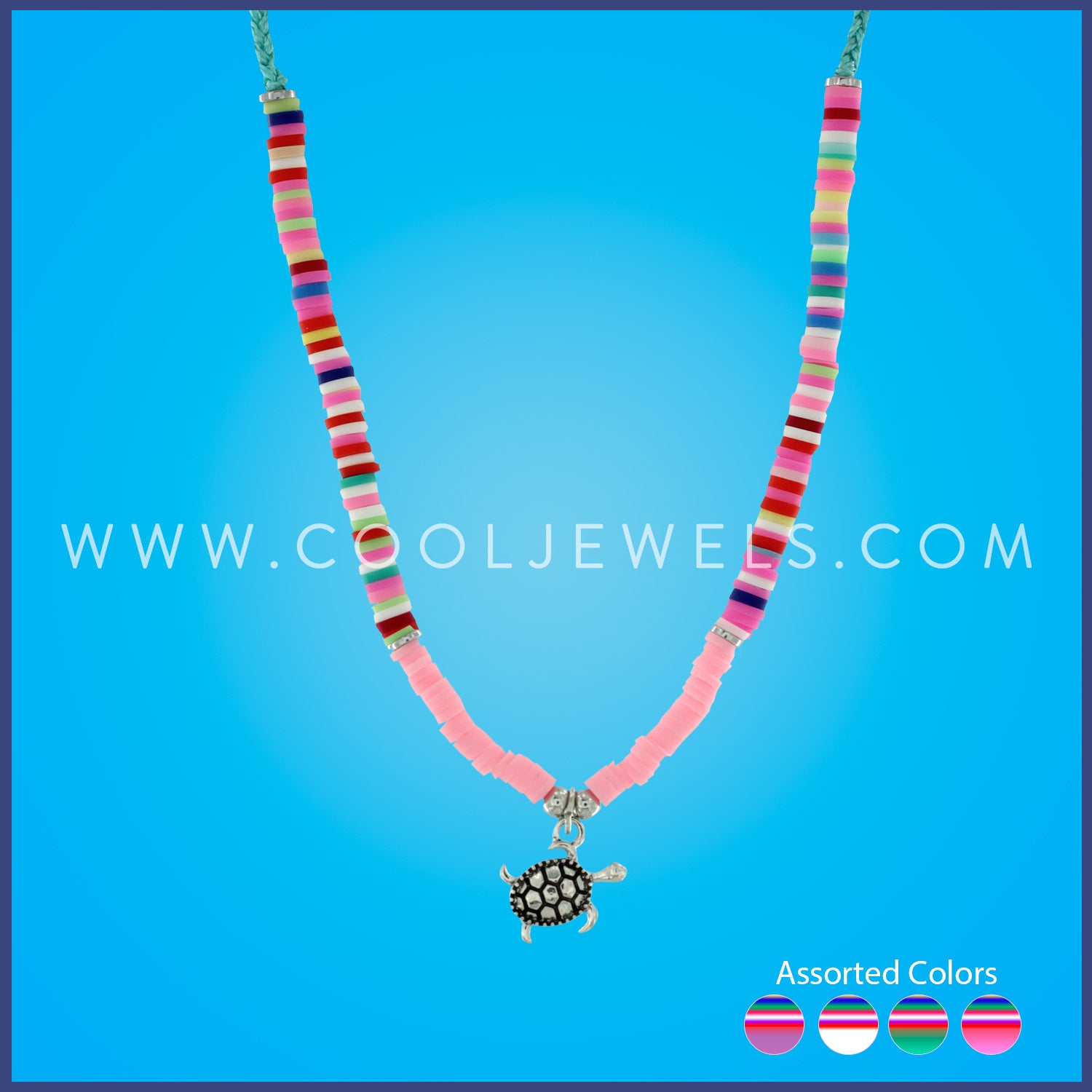 BRAIDED SLIDER CORD NECKLACE WITH SOLID & MULTICOLOR FIMO WITH TURTLE PENDANT - ASSORTED