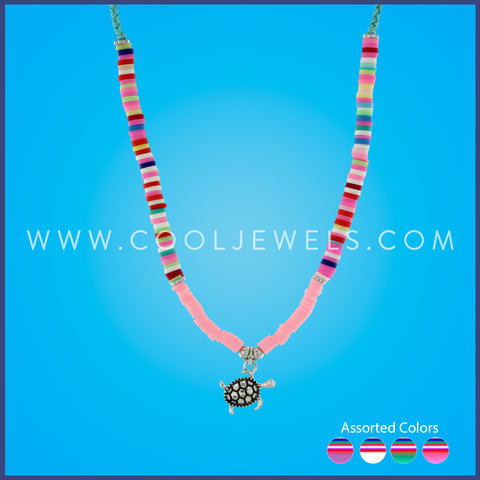 BRAIDED SLIDER CORD NECKLACE WITH SOLID & MULTICOLOR FIMO WITH TURTLE PENDANT - ASSORTED