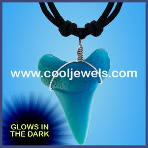 BLACK SLIDER CORD NECKLACE WITH BLUE GLOW-IN-THE-DARK TOOTH PENDANT