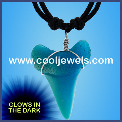 BLACK SLIDER CORD NECKLACE WITH BLUE GLOW-IN-THE-DARK TOOTH PENDANT