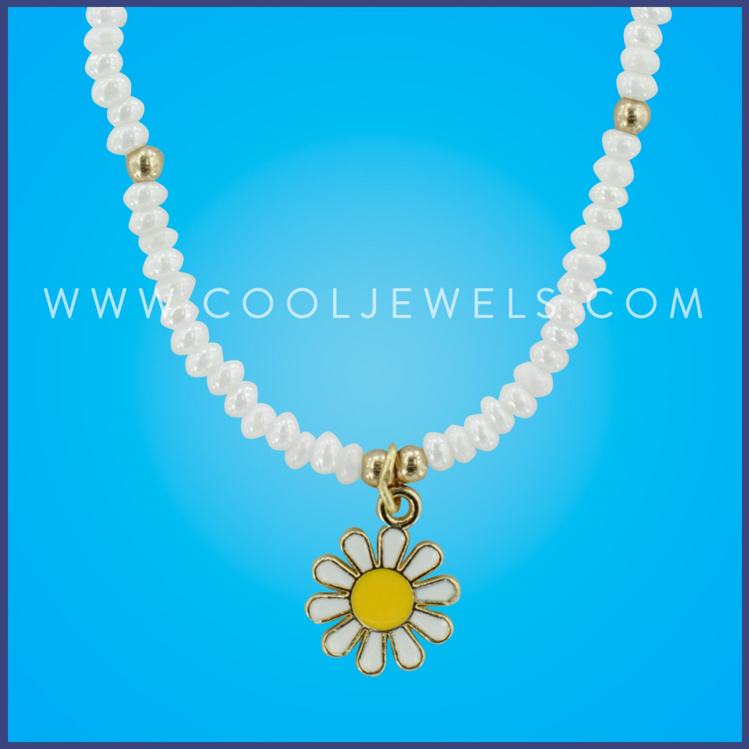 PEARL WHITE BEADED NECKLACE WITH DAISY PENDANT