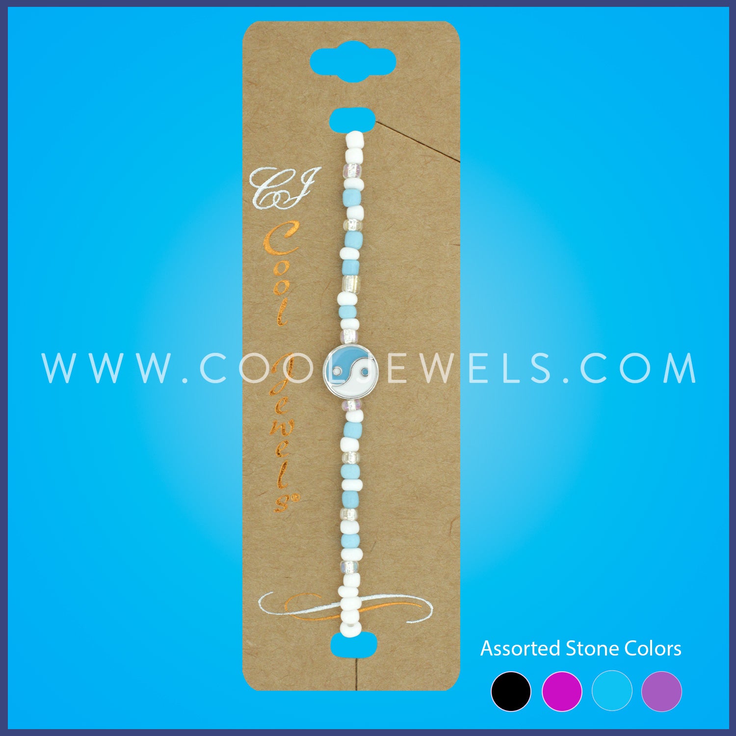 STRETCH BRACELET WITH WHITE & COLORED BEADS & YIN YANG PENDANT - ASSORTED