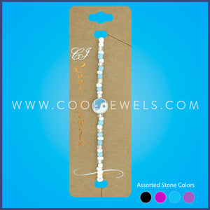 STRETCH BRACELET WITH WHITE & COLORED BEADS & YIN YANG PENDANT - ASSORTED