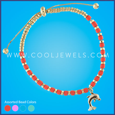 CHAIN SLIDER BRACELET WITH BEADS AND GOLD DOLPHIN PENDANT