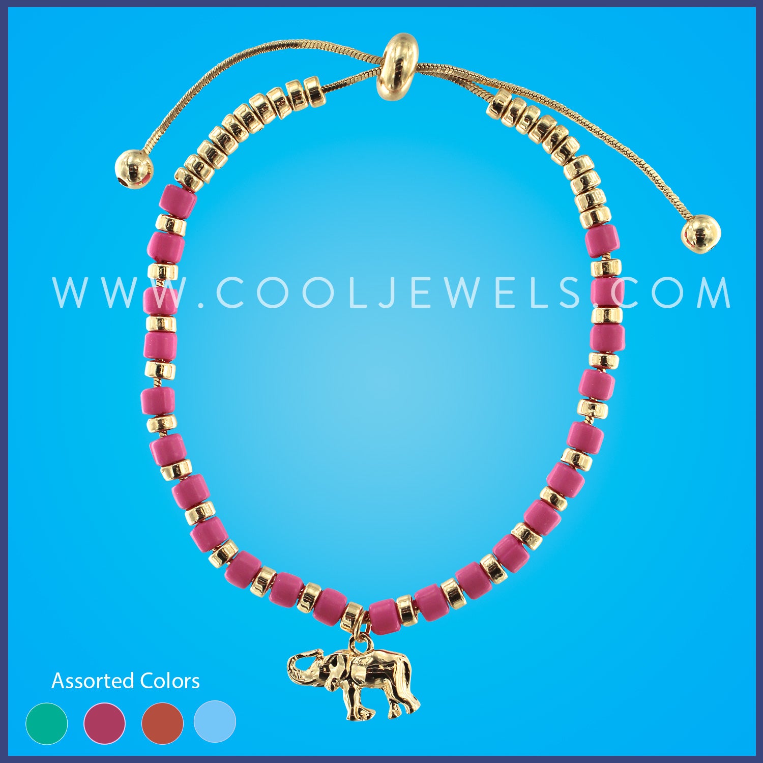 CHAIN SLIDER BRACELET WITH BEADS AND GOLD  ELEPHANT PENDANT