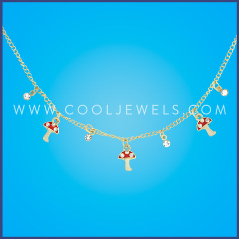 GOLD LINK CHAIN NECKLACE WITH RHINESTONES & MUSHROOM PENDANT