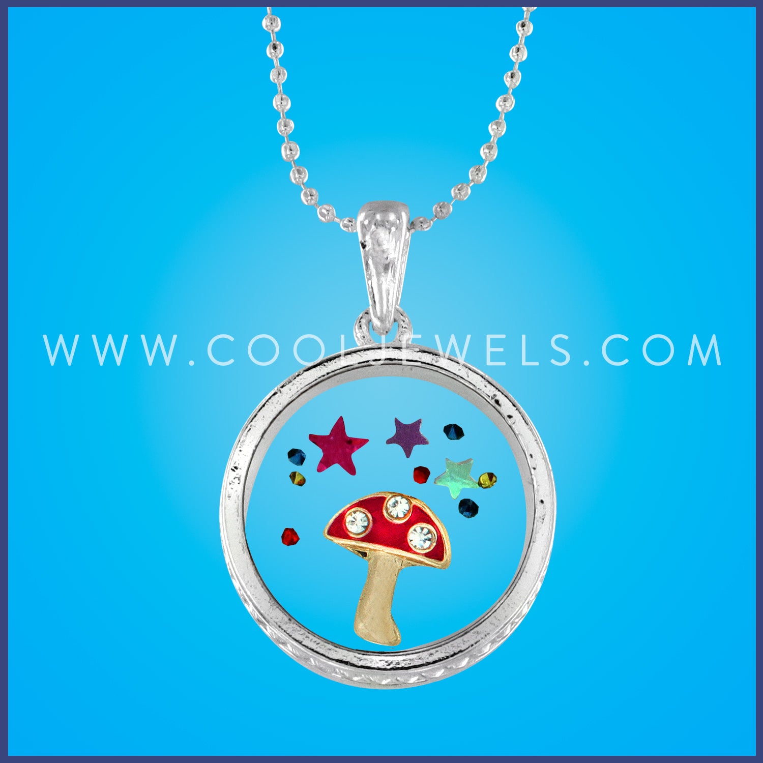 SILVER BALL CHAIN NECKLACE WITH ROUND PENDANT WITH MUSHROOM & STARS