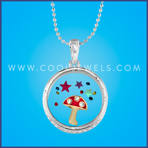 SILVER BALL CHAIN NECKLACE WITH ROUND PENDANT WITH MUSHROOM & STARS