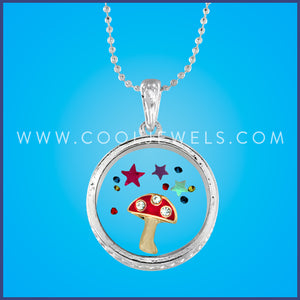 SILVER BALL CHAIN NECKLACE WITH ROUND PENDANT WITH MUSHROOM & STARS