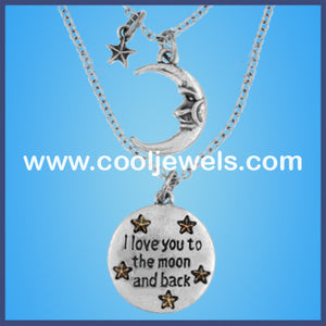 Matte Silver Moon and Star Double Necklace Wholesale Matte