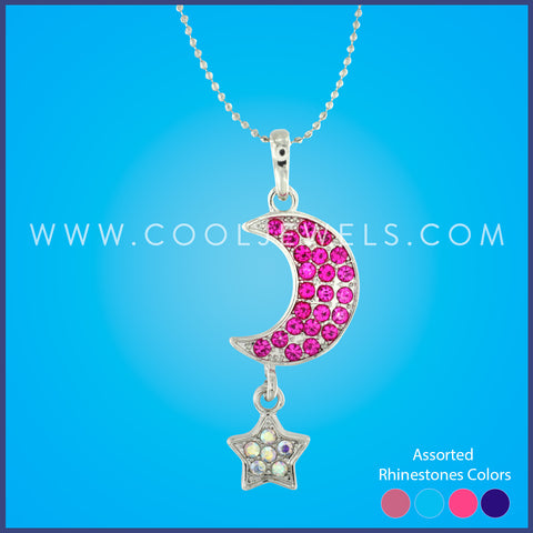 SILVER BALL CHAIN NECKLACE WITH RHINESTONE MOON & STAR - ASSORTED