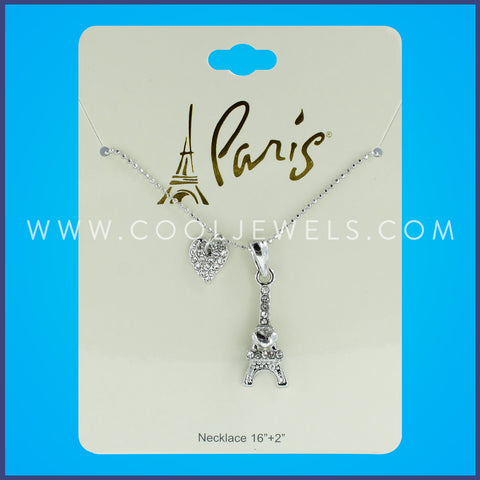 SILVER BALL CHAIN NECKLACE WITH EIFFEL TOWER & RHINESTONE HEART