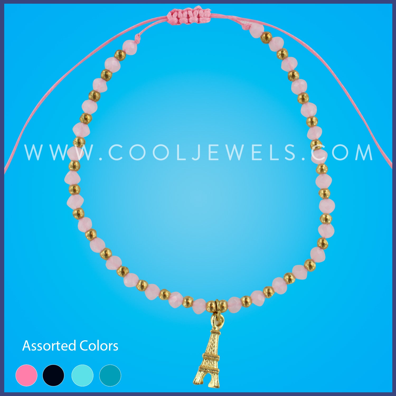 COLORED BEADED SLIDER ANKLET WITH EIFFEL TOWER 