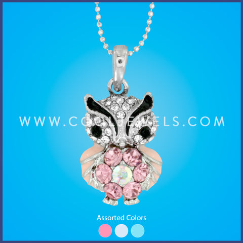 Assorted Colored Rhinestone Owl Necklaces