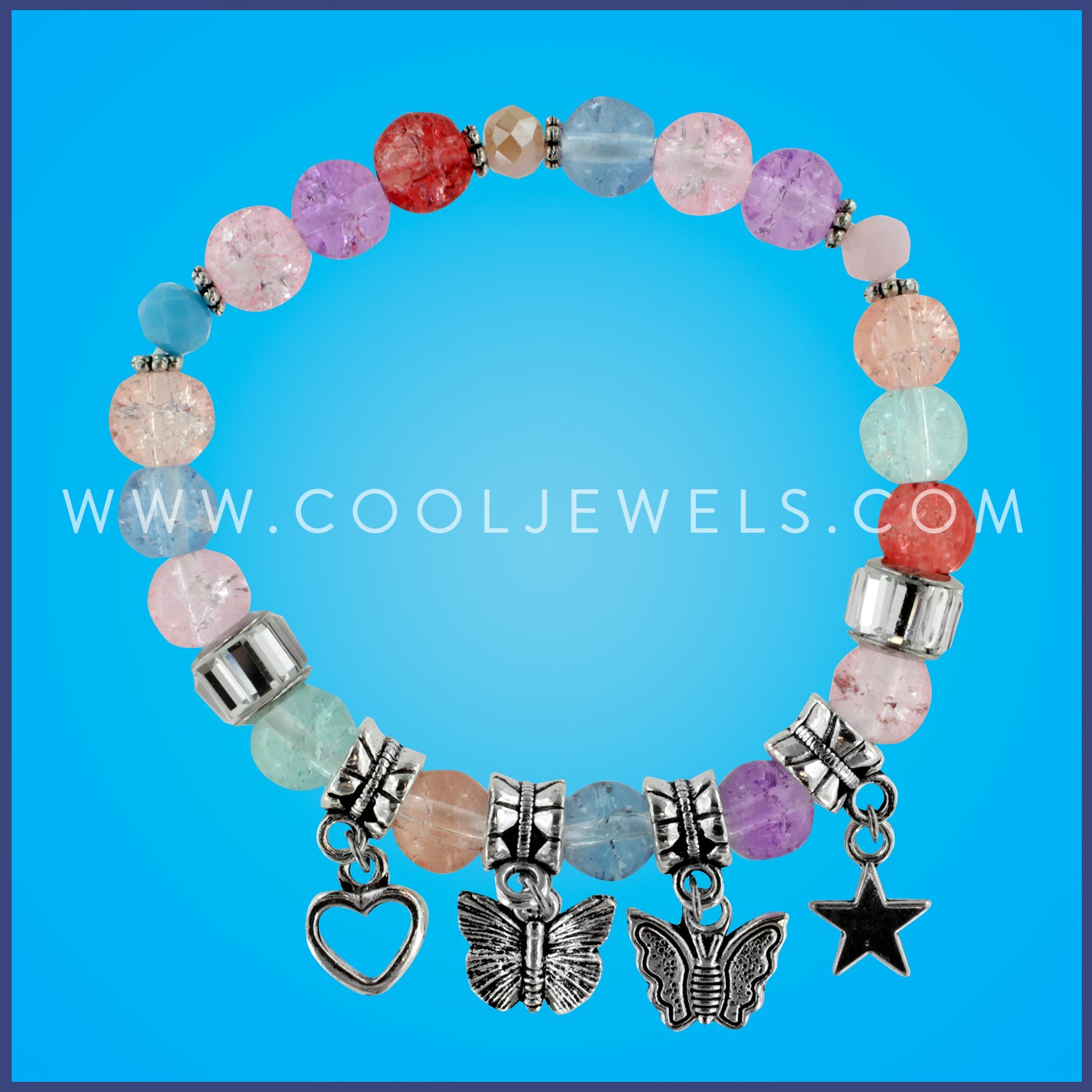 STRETCH BRACELET WITH PASTEL BEADS & SILVER CHARMS