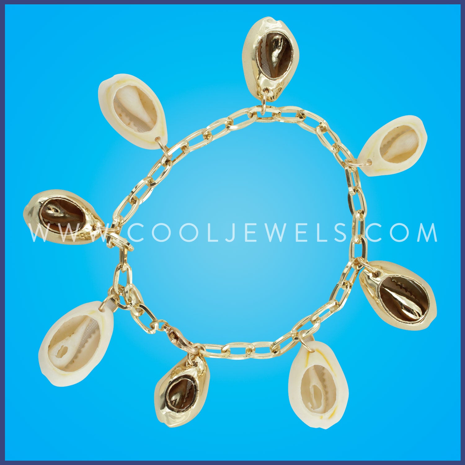 GOLD LINK BRACELET WITH GOLD & NATURAL COWRIE SHELLS .