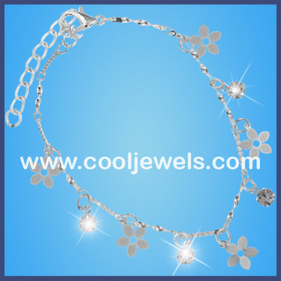 Silver Rhinestone Flowers Anklets
