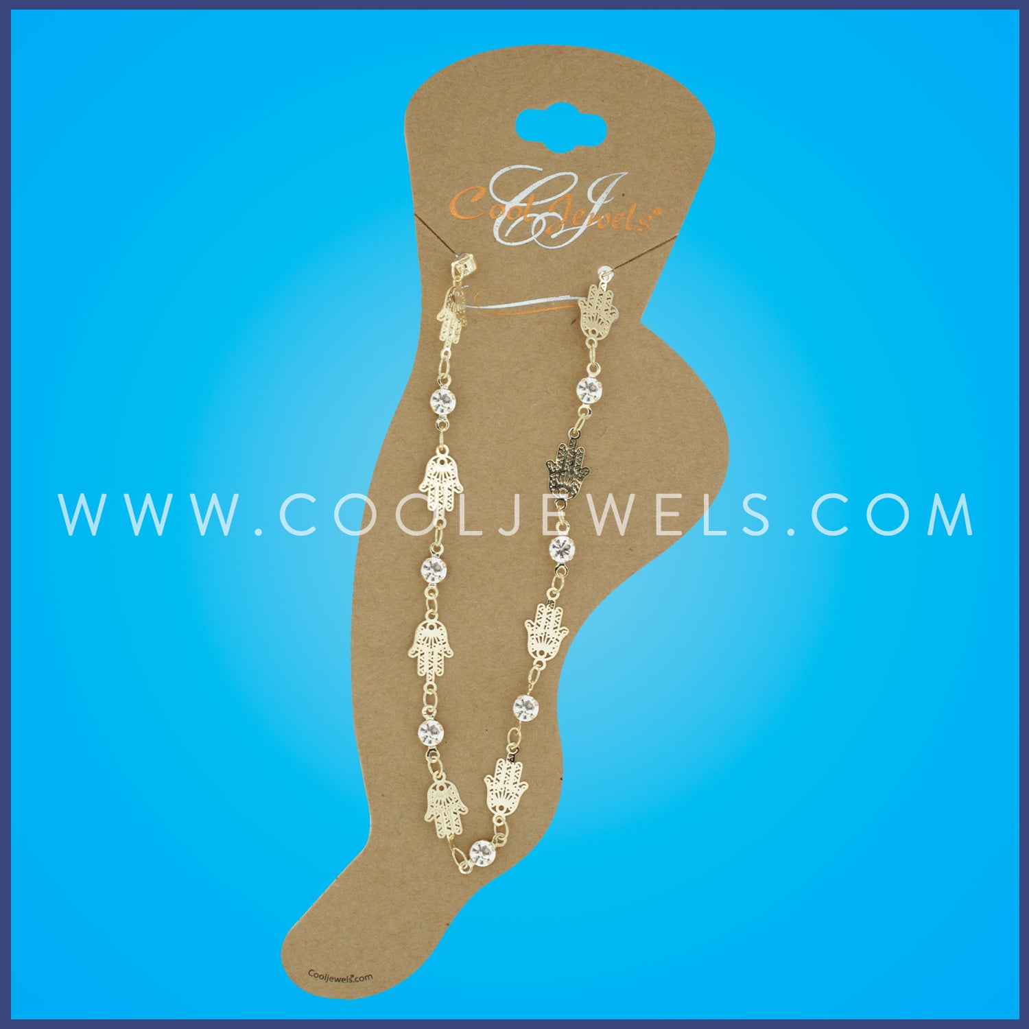 LINK CHAIN ANKLET WITH RHINESTONES & HAMSA HANDS