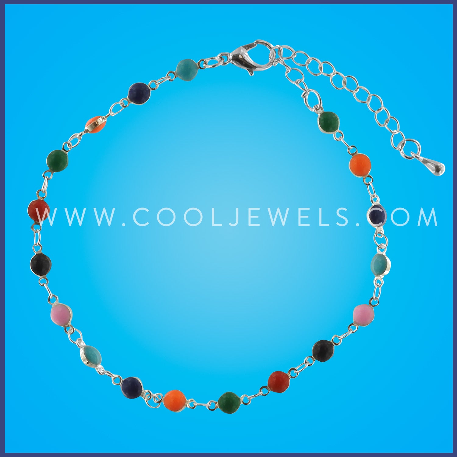 SILVER ANKLET WITH MULTI-COLORED ROUND BEADS