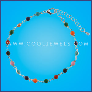 SILVER ANKLET WITH MULTI-COLORED ROUND BEADS