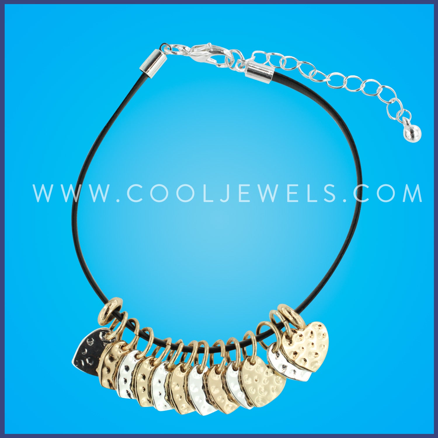 BLACK WAX CORD BRACELETS WITH SILVER & GOLD HEART PENDANTS