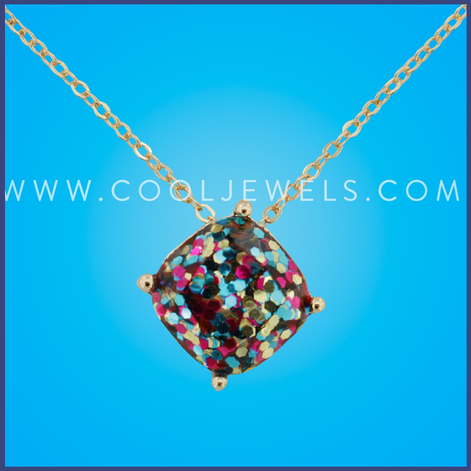 LINK CHAIN NECKLACES WTIH MULTI-COLORED GLITTER CUSHION SHAPED PENDANT