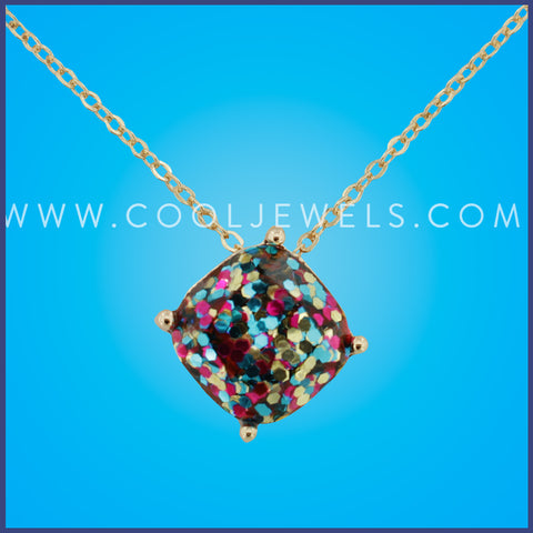 LINK CHAIN NECKLACES WTIH MULTI-COLORED GLITTER CUSHION SHAPED PENDANT