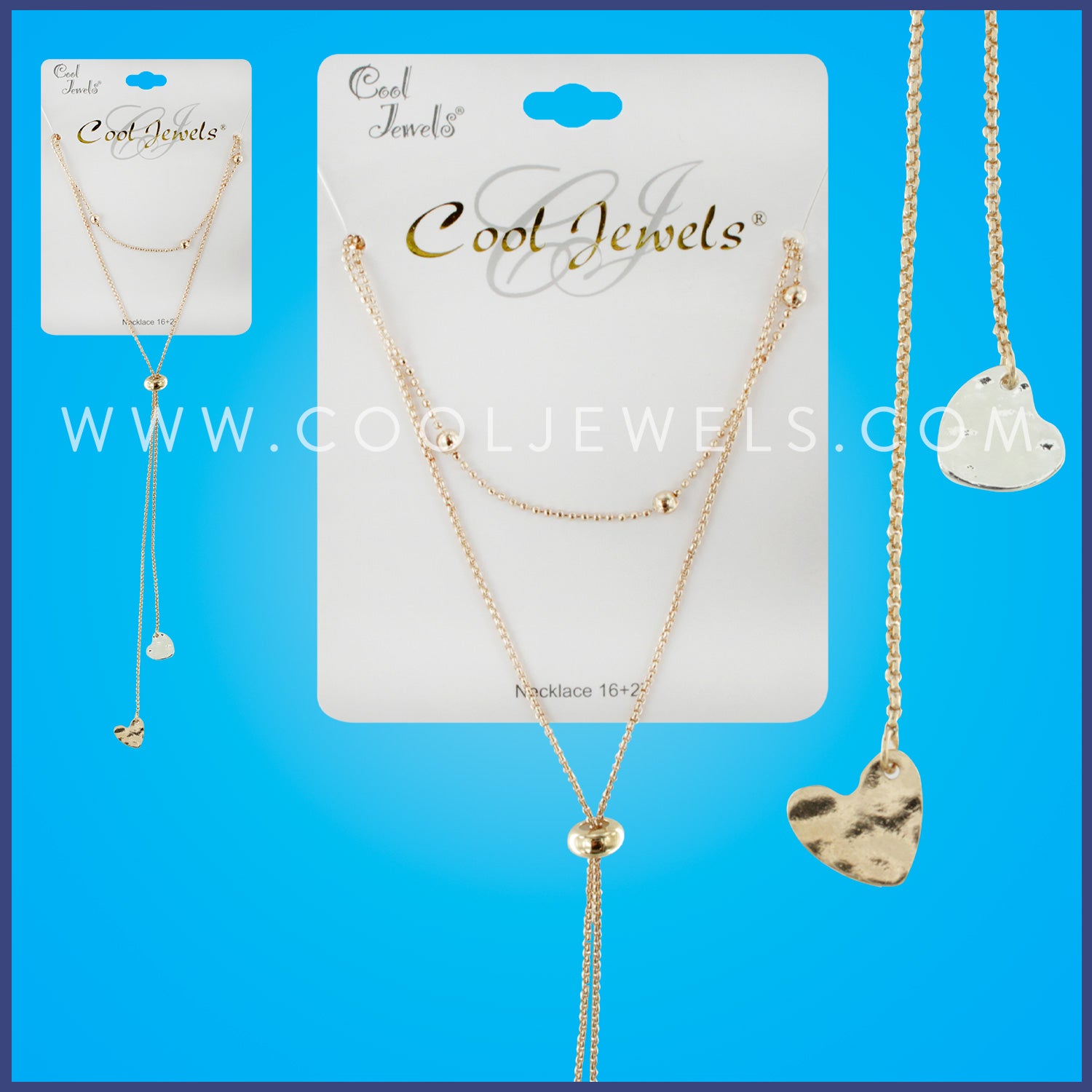 DOUBLE LAYERED CHAIN NECKLACE WITH HEART PENDANTS