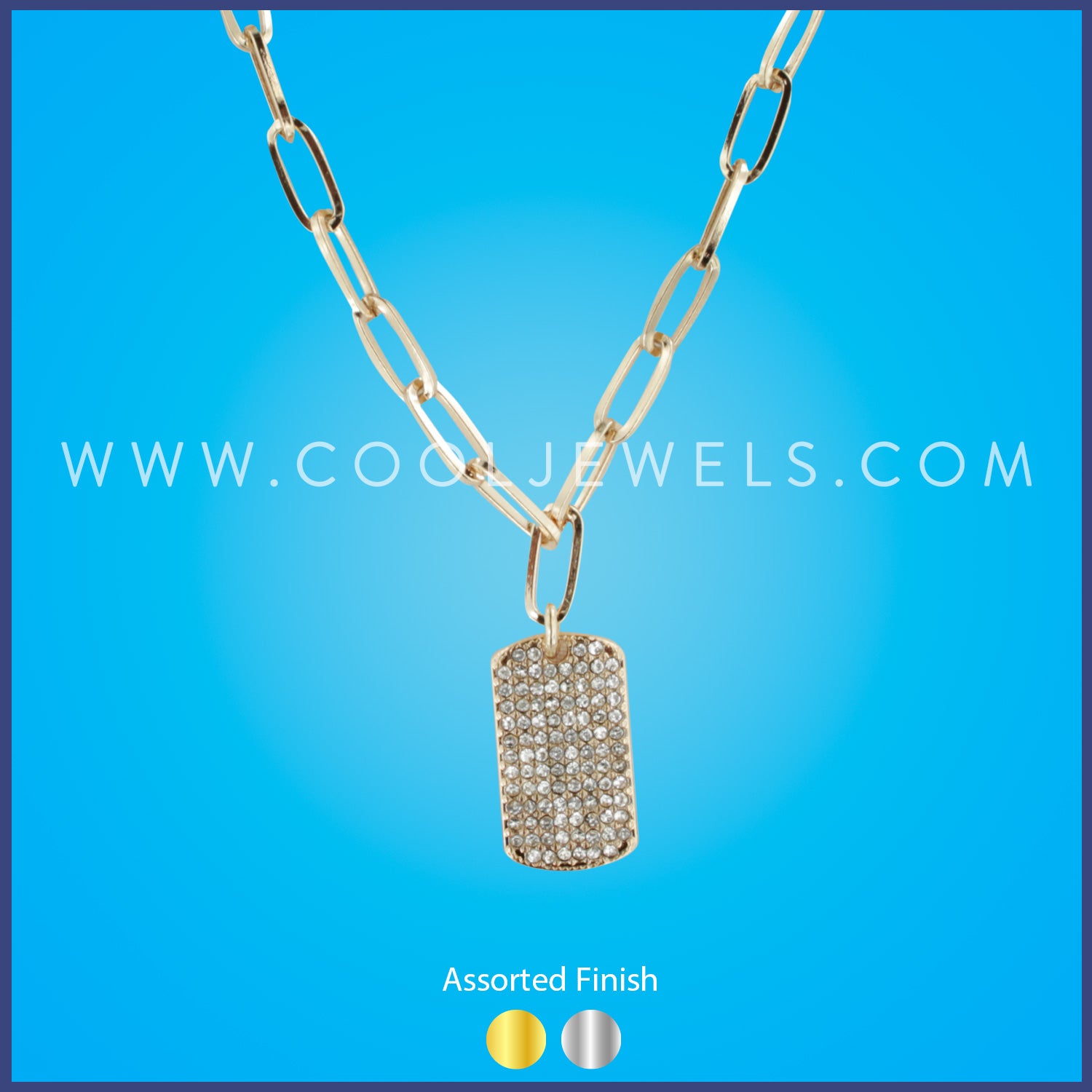 CHAIN NECKLACE WITH RECTANGLE RHINESTONE PENDANT ASSORTED - CARDED
