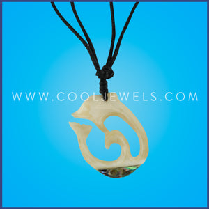 BLACK SLIDER CORD NECKLACE WITH BONE & PAUA SHELL DOLPHIN - CARDED