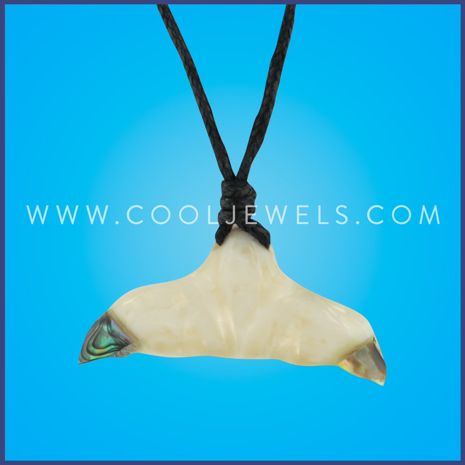 BLACK SLIDER CORD NECKLACE WITH BONE & PAUA SHELL WHALE TAIL - CARDED