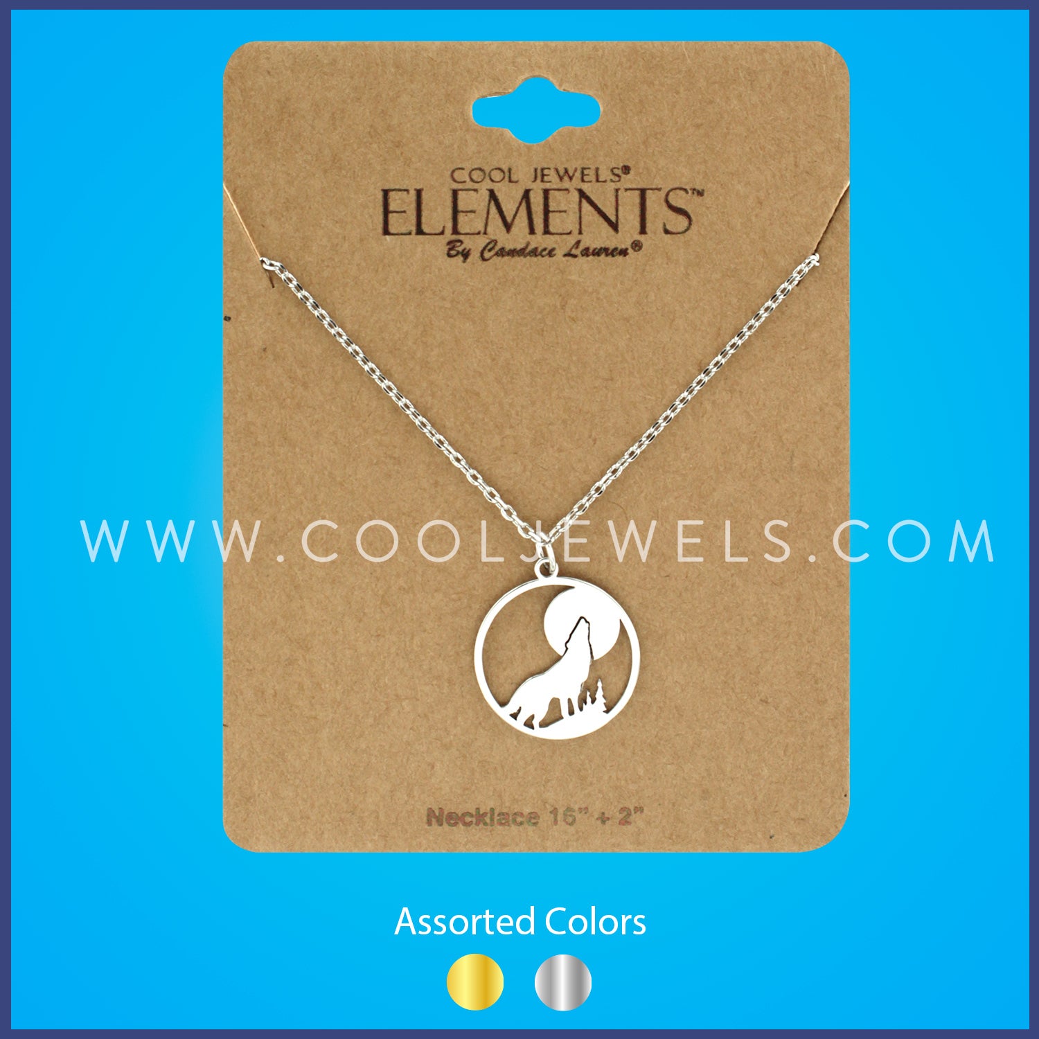 NECKLACE WITH ROUND WOLF, TREE & MOON PENDANT - CARDED