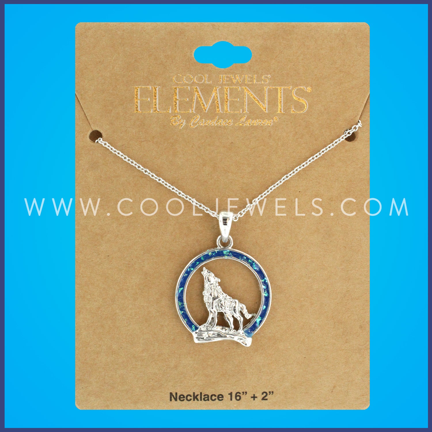 LINK CHAIN NECKLACE WITH WOLF IN BLUE CIRCLE PENDANT - CARDED