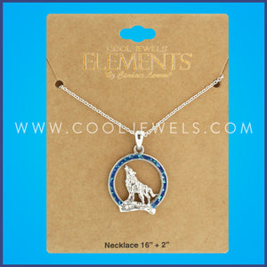 LINK CHAIN NECKLACE WITH WOLF IN BLUE CIRCLE PENDANT - CARDED
