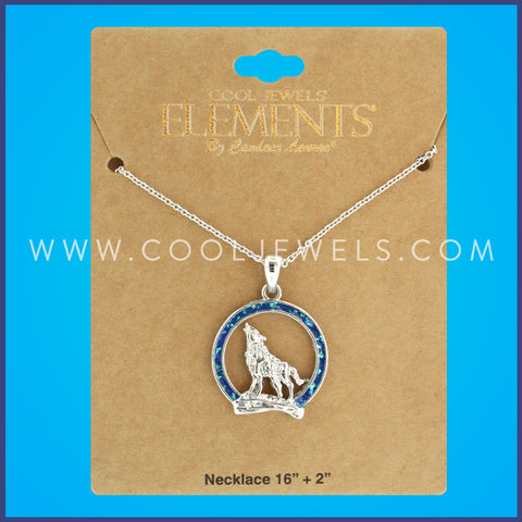 LINK CHAIN NECKLACE WITH WOLF IN BLUE CIRCLE PENDANT - CARDED
