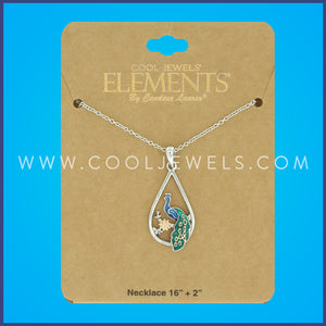 LINK CHAIN NECKLACE WITH TEARDROP SHAPED PENDANT WITH PEACOCK - CARDED