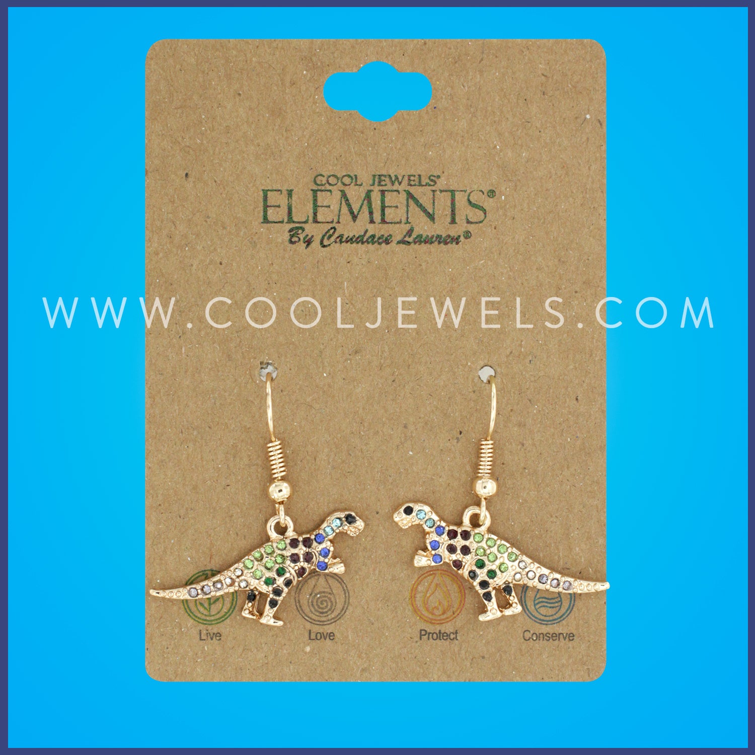 FISH HOOK EARRINGS WITH MULTI-COLORED RHINESTONE T-REX - CARDED