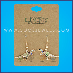 FISH HOOK EARRINGS WITH MULTI-COLORED RHINESTONE T-REX - CARDED