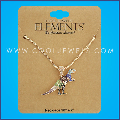 BOX CHAIN NECKLACE WITH RHINESTONE T-REX PENDANT - CARDED