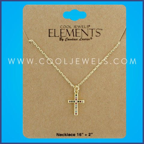 GOLD CHAIN NECKLACE WITH RHINESTONE CROSS - CARDED