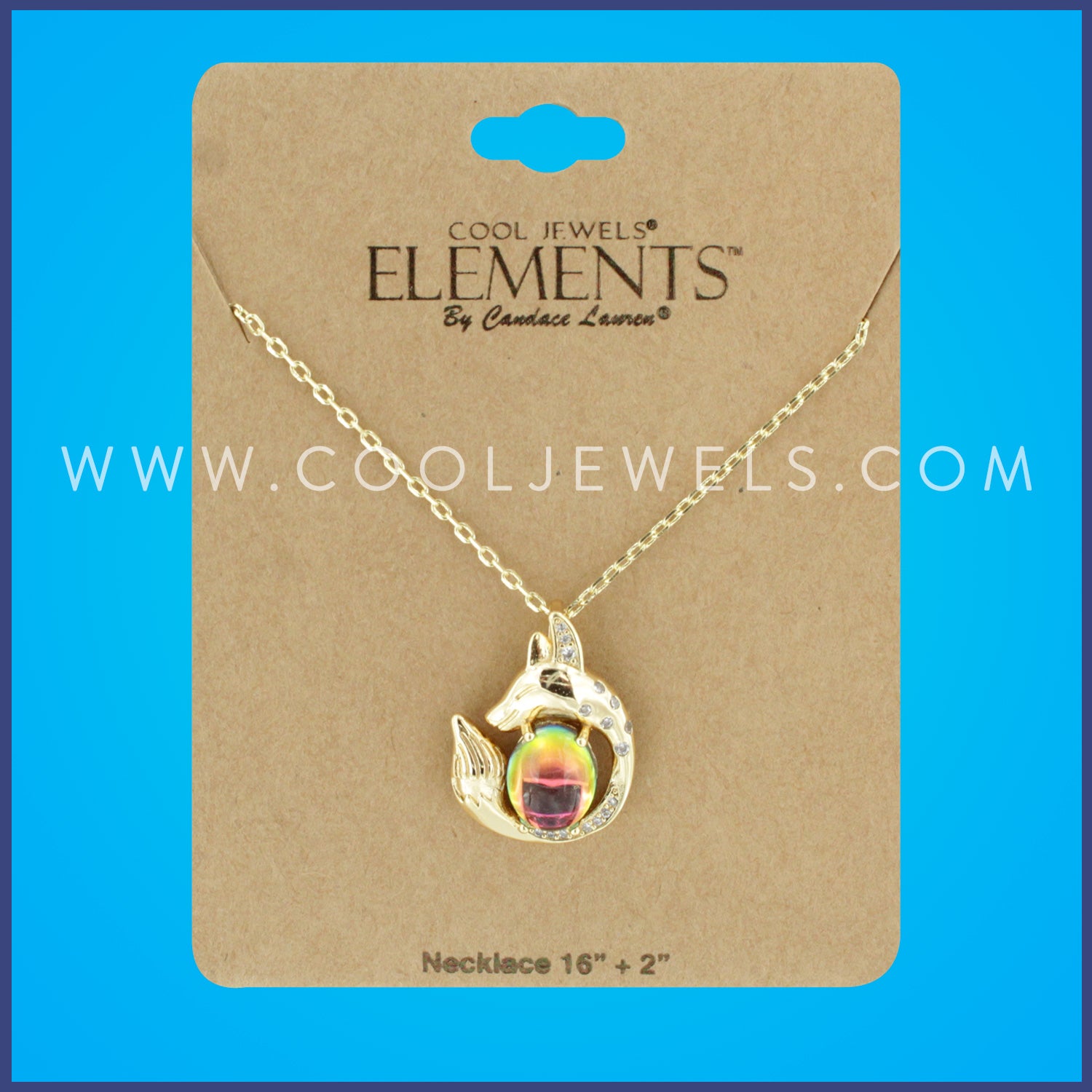 GOLD LINK CHAIN NECKLACE WITH RHINESTONE FOX AND AB RAINBOW BEAD - CARDED