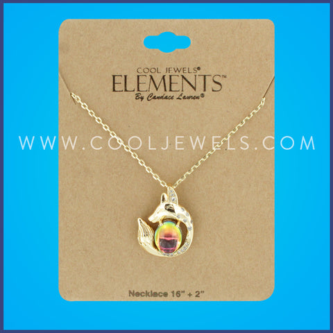 GOLD LINK CHAIN NECKLACE WITH RHINESTONE FOX AND AB RAINBOW BEAD - CARDED