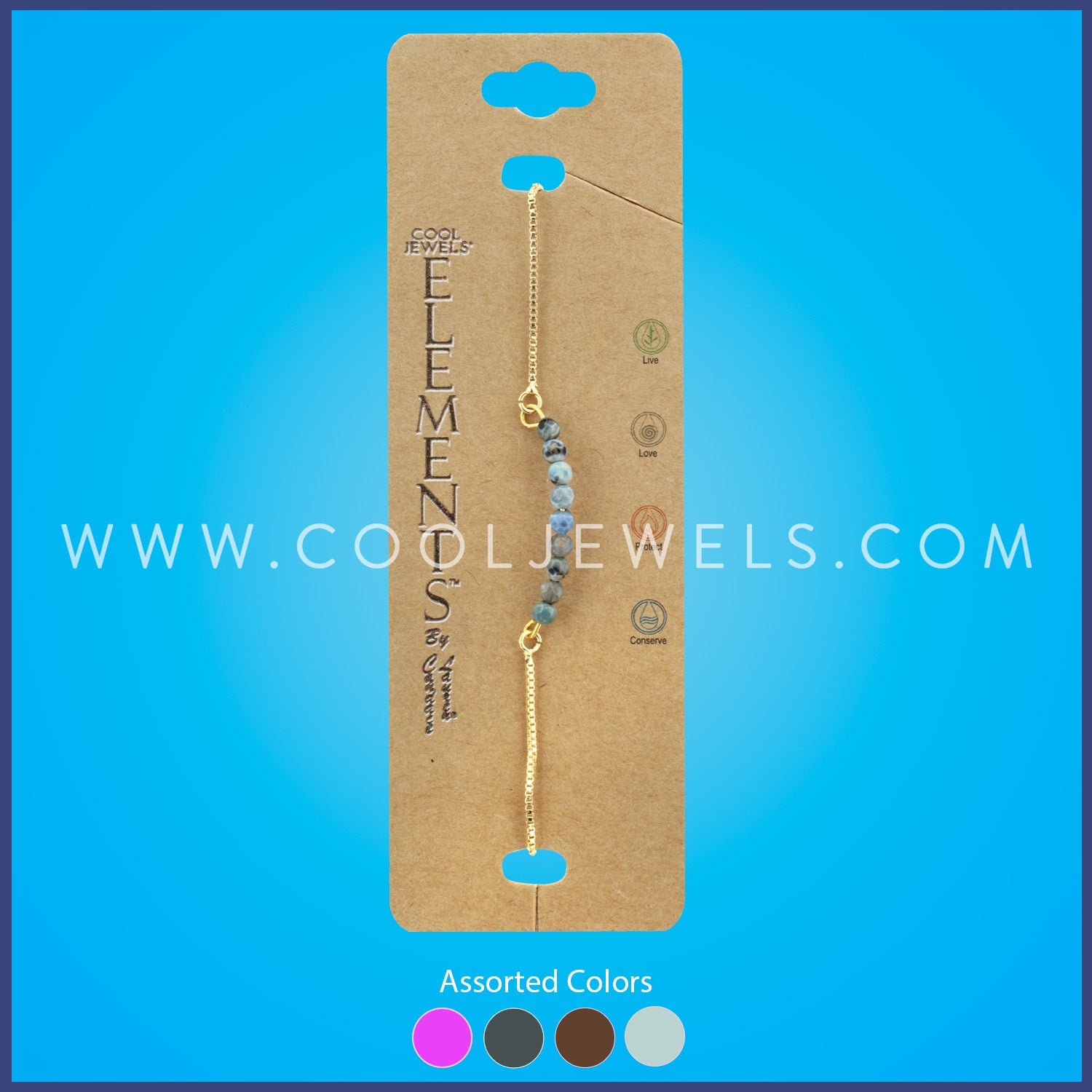 BOX CHAIN SLIDER BRACELET WITH COLORED BEADS CARDED - ASSORTED COLORS
